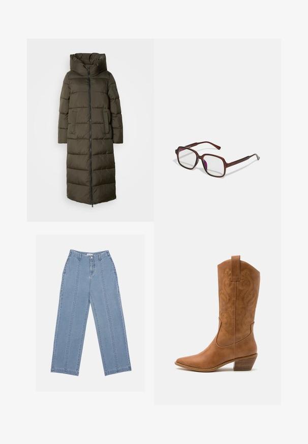 Lange, olijfgroene gewatteerde jas met een capuchon, voorzien van een ritssluiting aan de voorkant, zijzakken en een gewatteerd ontwerp. Zachte structuur, middellange lengte.; Zwarte mouwloze coltrui, gemaakt van soepele stof. Fitting ontwerp met een hoge kraag en een rechte zoom, minimalistisch en in een effen kleur.; Lichtblauwe wijde jeans van denim. Heeft een hoge taille, knoopsluiting en zichtbare stiksels. Geen zakken zichtbaar aan de voorkant.; Tan leren cowboylaars met puntige neus, geborduurde spiraalpatronen op de schacht en een gestapelde blokhak. Voorzien van een trekband voor gemakkelijke aan- en uittrekken.; Bruine, rechthoekige bril met transparante glazen en paarse tinten. Glad kunststof montuur met rechte pootjes en subtiele accenten.; Zilveren oorbellen in de vorm van een gladde, gepolijste ring. Ronde vorm met een veilige kliksluiting. Lichtgewicht ontwerp, geschikt voor dagelijks gebruik.
