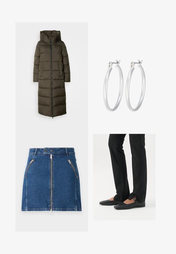 Dolga, olivno zelena puhovka s kapuco, ki ima zadrgo spredaj, stranske žepke in pikčasto zasnovo. Mehka tekstura, srednje dolžine.; Dve brezrokavne majice v črni in beli barvi. Narejene iz mehkega, raztegljivega materiala z rebrasto teksturo in oprijetim dizajnom. Imajo ozke naramnice.; Denim krilo v temno modri barvi z dvema sprednjima žepoma na zadrgo in centralno zadrgo za zapiranje. Ima ravno krojenje in minimalne šive.; Črne usnjene balerinke s koničastim nosom, trak z srebrno zaponko, v kombinaciji s črnimi elegantnimi hlačami z razporkom na robu.; Srebrni obroči za ušesa z gladko, polirano površino. Okrogla oblika in varna zaponka s klikom. Lahka zasnova, primerna za vsakodnevno nošenje.