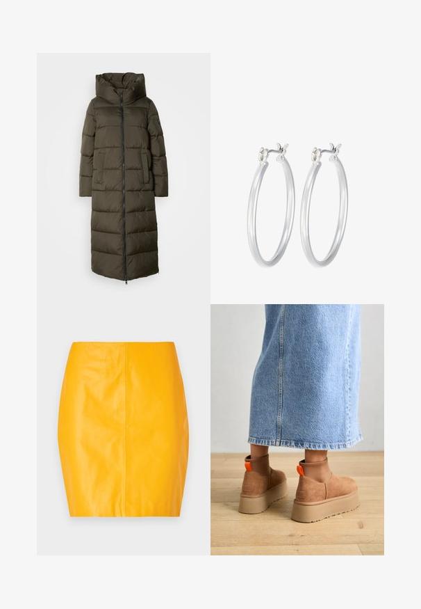 Pitkä oliivinvihreä puffatakki huppulla, jossa on vetoketjukiinnitys, sivutaskut ja tikattu muotoilu. Pehmeä rakenne, puolipitkä.; Kaksi hihattomaa toppia mustana ja valkoisena. Valmistettu pehmeästä, venyvästä kankaasta, jossa on ohut ribbidetekstuuri ja vartalonmyötäinen muotoilu. Ominaisuuksina kapeat olkaimet.; Keltainen nahkainen mini-hame, jossa on sileä rakenne ja tiukka muotoilu. Siinä on keskeinen sauma ja selkeä, virtaviivainen siluetti.; Ruske mokasine z platformo in elastiko na straneh ter oranžnimi zategovalnimi trakovi, v kombinaciji z osnovno dolžino svetle denim krila na lesenem podu.; Hope-silver rengas, joissa on sileä ja kiillotettu pinta. Pyöreä muoto ja turvallinen napsautettava lukitus. Kevyt muotoilu sopii päivittäiseen käyttöön.