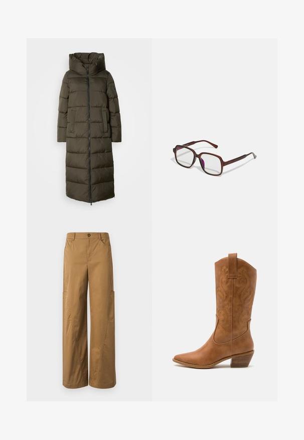 Pitkä oliivinvihreä puffatakki huppulla, jossa on vetoketjukiinnitys, sivutaskut ja tikattu muotoilu. Pehmeä rakenne, puolipitkä.; Musta puuvillahihaton t-paita, jossa on pyöreä kaula-aukko ja lyhyet hihat. Huomattava valkoinen logo vasemmassa yläkulmassa. Sujuva kangas ja rento leikkaus.; Ruske levele hlače širokog kroja od pamuka, s kopčanjem na dugmad, bočnim džepovima i uočenim detaljima šivanja.; Ruskean nahkainen cowboy-saapas, jossa on terävä kärki, brodeeratut pyörteiset kuviot varressa ja kerroslohko korko. Varustettu nostonipulla helpottamaan pukemista.; Ruske, rektangulære briller med transparente linser og lilla toner. Glatt plastisk ramme med rette stenger og subtile detaljer.; Hope-silver rengas, joissa on sileä ja kiillotettu pinta. Pyöreä muoto ja turvallinen napsautettava lukitus. Kevyt muotoilu sopii päivittäiseen käyttöön.