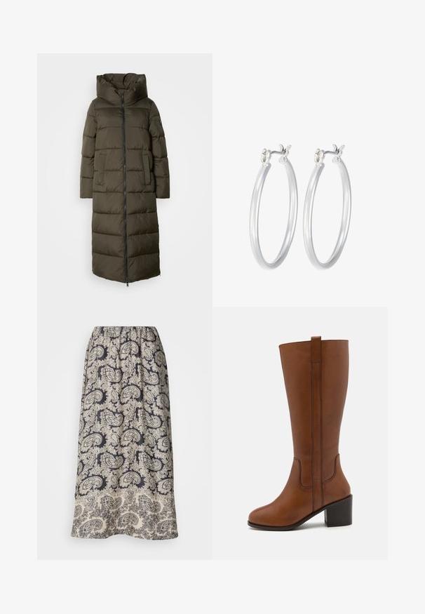 Dolga, olivno zelena puhovka s kapuco, ki ima zadrgo spredaj, stranske žepke in pikčasto zasnovo. Mehka tekstura, srednje dolžine.; Majica z dolgimi rokavi in okroglim izrezom, ki se ponaša s črno-belim črtastim vzorcem. Narejena iz mehkega materiala z običajnim krojem. Čist, minimalističen dizajn.; Spretna, krila z elastičnim pasom, ki ima mornarsko modro podlago z zapletenimi bež paisley vzorci in cvetličnimi akcenti. Mehka tkanina z gladko teksturo.; Rjavi usnjeni škorenj z višino do kolen, okrogle konice, stranskimi šivi in blok peto. Vključuje zanko na hrbtni strani za enostavno obuvanje.; Srebrni obroči za ušesa z gladko, polirano površino. Okrogla oblika in varna zaponka s klikom. Lahka zasnova, primerna za vsakodnevno nošenje.