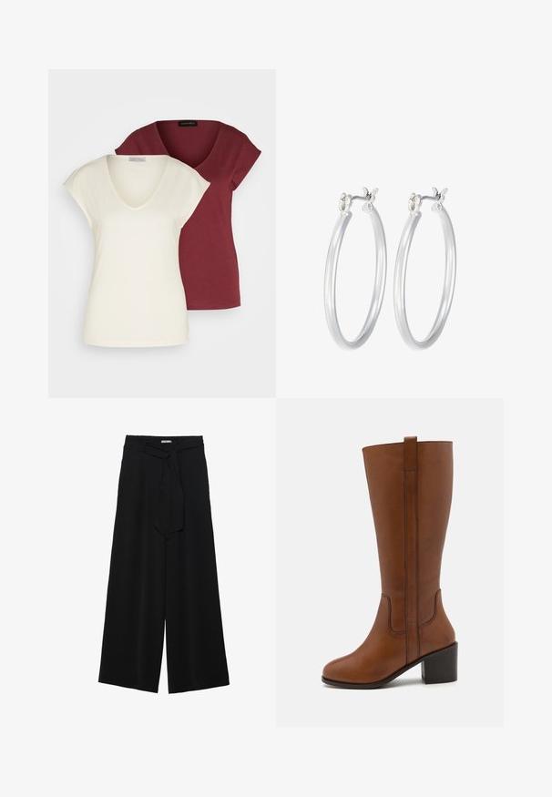 Długa, oliwkowozielona kurtka puchowa z kapturem, z zamkiem błyskawicznym z przodu, bocznymi kieszeniami i pikowanym wzorem. Miękka tekstura, średniej długości.; Dwie koszulki z dekoltem w serek: jedna w odcieniu kremowym z krótkimi rękawami, druga w kolorze burgundowym. Obie wykonane z miękkiej bawełny i mają luźny krój.; Czarne spodnie szerokie z teksturowanej tkaniny, z elastycznym paskiem w talii i odpinanym paskiem w talii dla regulowanego dopasowania.; Brązowy skórzany but za kolano z okrągłym noskiem, bocznymi szwami i słupkowym obcasem. Posiada tylną pętelkę ułatwiającą zakładanie.; Srebrne kolczyki w formie kółek o gładkim, polerowanym wykończeniu. O okrągłym kształcie i pewnym zapięciu na klik. Lekka konstrukcja odpowiednia do codziennego noszenia.