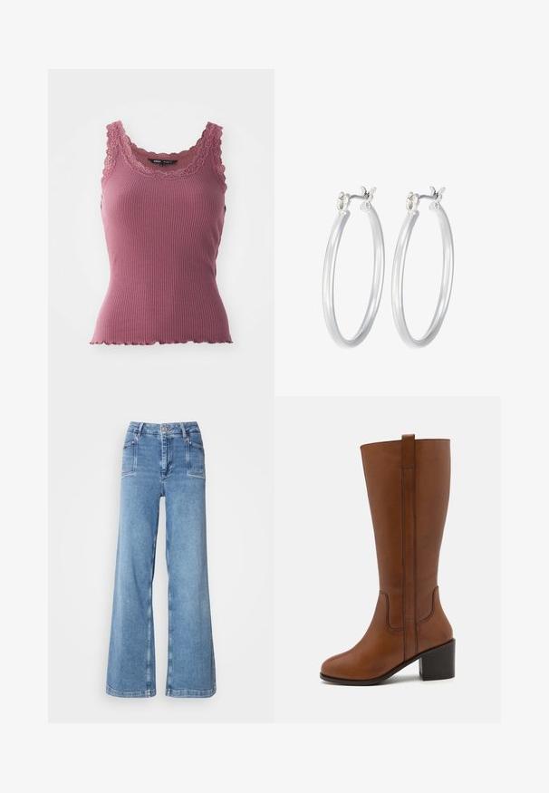 Długa, oliwkowozielona kurtka puchowa z kapturem, z zamkiem błyskawicznym z przodu, bocznymi kieszeniami i pikowanym wzorem. Miękka tekstura, średniej długości.; Różowy top na ramiączkach z prążkowanej tkaniny, z falbaniastym obszyciem u dołu oraz koronkowym wykończeniem przy dekolcie i ramiączkach, wykonany z miękkiego, elastycznego materiału.; Jasnoniebieskie dżinsy o szerokich nogawkach, wykonane z denimu, z wysokim stanem, pięcioma kieszeniami i przeszywanymi detalami wzdłuż boków i dołu.; Brązowy skórzany but za kolano z okrągłym noskiem, bocznymi szwami i słupkowym obcasem. Posiada tylną pętelkę ułatwiającą zakładanie.; Srebrne kolczyki w formie kółek o gładkim, polerowanym wykończeniu. O okrągłym kształcie i pewnym zapięciu na klik. Lekka konstrukcja odpowiednia do codziennego noszenia.