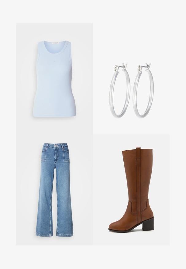 Lange, olijfgroene gewatteerde jas met een capuchon, voorzien van een ritssluiting aan de voorkant, zijzakken en een gewatteerd ontwerp. Zachte structuur, middellange lengte.; Lichtblauw geribbeld tanktop met een ronde halslijn en zonder mouwen, voorzien van subtiele stikdetails en een getailleerde pasvorm.; Lichtblauwe wijde jeans van denim, met een hoge taille, vijf zakken en gestikte details langs de zijkanten en de zoom.; Bruine leren kniehooglaars met een ronde neus, zijsteppen en een blokhak. Voorzien van een achterste lus voor gemakkelijke aan- en uittrekken.; Zilveren oorbellen in de vorm van een gladde, gepolijste ring. Ronde vorm met een veilige kliksluiting. Lichtgewicht ontwerp, geschikt voor dagelijks gebruik.
