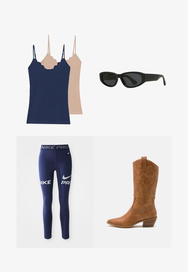 Dolga, olivno zelena puhovka s kapuco, ki ima zadrgo spredaj, stranske žepke in pikčasto zasnovo. Mehka tekstura, srednje dolžine.; Dve majice brez rokavov v temno modri in svetlo bež barvi, izdelane iz mehke tkanine, z valovitimi robovi in nastavljivimi naramnicami.; Mornarsko modre športne leggice iz raztegljive tkanine, s poudarenimi belimi napisi "NIKE" in "PRO" na straneh ter vzorčastim pasom.; Rjavi usnjeni kauboj čevlji s koničastim nosom, vezenimi vijugastimi vzorci na zgornjem delu in zloženim kvadratnim peto. Imajo zanko za enostavno obuvanje.; Črne sončne naočnike z eleganten, poševnim dizajnom. Narejene iz plastike, z temnimi lečami in gladko, sijajno teksturo. Brez opaznih detajlov.; Srebrni obroči za ušesa z gladko, polirano površino. Okrogla oblika in varna zaponka s klikom. Lahka zasnova, primerna za vsakodnevno nošenje.