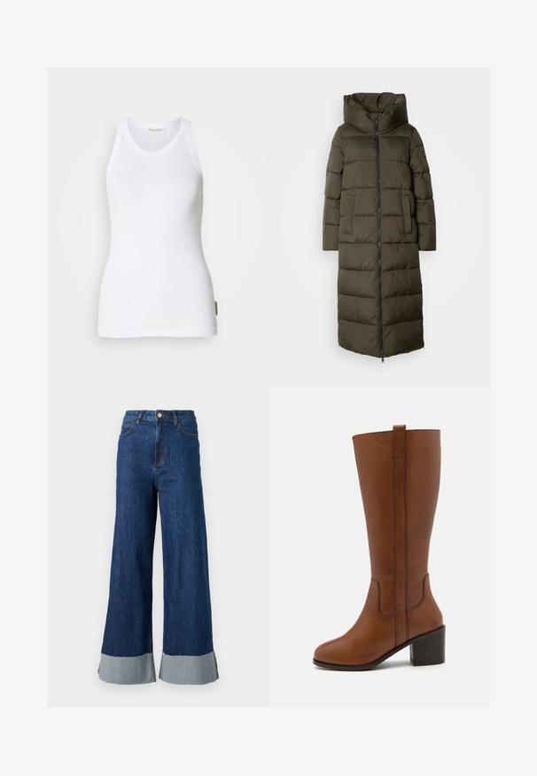 Long, olive green puffer coat with a hood, featuring a zippered front, side pockets, and quilted design. Soft texture, mid-length.; White sleeveless cotton tank top with a scoop neckline, seamless sides, and a small logo label on the bottom left side. Smooth texture.; Wide-leg denim trousers with a dark blue wash, featuring a contrasting light blue cuff and classic five-pocket design.; Brown leather knee-high boot with a rounded toe, side stitching, and a block heel. Features a back pull tab for easy wear.