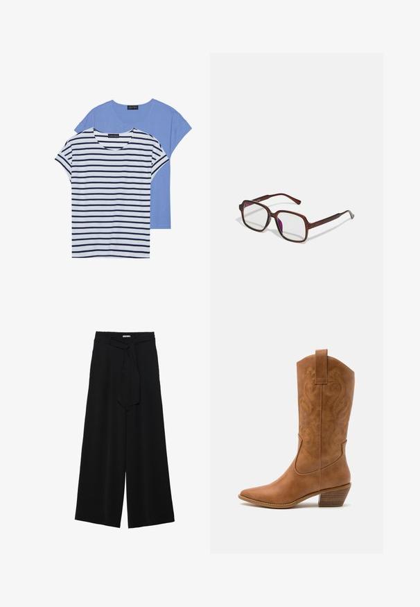 Long, olive green puffer coat with a hood, featuring a zippered front, side pockets, and quilted design. Soft texture, mid-length.; Two t-shirts: one solid light blue and one white with navy horizontal stripes. Both have short sleeves and a round neckline.; Black wide-leg pants featuring a textured fabric, an elastic waistband, and a detachable sash tie at the waist for adjustable fit.; Tan leather cowboy boot with pointed toe, embroidered swirl patterns on shaft, and a stacked block heel. Features a pull tab for easy wear.; Brown, rectangular eyeglasses with transparent lenses and purple tints. Smooth plastic frame with straight temples and subtle accents.; Silver hoop earrings with a smooth, polished finish. Round shape and secure click-top closure. Lightweight design suitable for everyday wear.