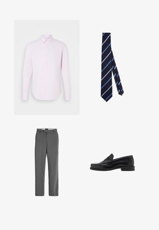 Mörkgrå ullkappa med strukturerad design, slagkrage med hakk, tre knappar, sidfickor och en dragkedja på insidan av kragen.; Grå ullkofta med V-ringning, långa ärmar, knappstängning och en mjuk, texturerad yta. Inga mönster eller detaljer synliga.; Ljusrosa långärmad skjorta med knäppning, spetskrage och en slät yta. Har diskreta vertikala ränder och en figursydd passform.; Grå byxor med en slät yta, raka ben och subtilt vertikalt mönster. Har bältesöglor samt fram- och bakfickor.; Svarta läderloafers med en slät finish, sömnadsdetaljer på tån och en låg klackdesign för komfort och stil.; Marineblå slips med diagonala ränder i ljusblått och vitt. Texturerad tyg med spetsig ände och en bredd som smalnar av mot botten.