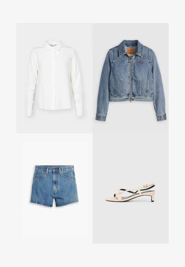 Lyseblå denimjakke med lynlåslukning, spids krave og sidelommer. Har orange syninger og et logomærke på brystet.; Hvid, langærmet skjorte med knaplukning og krave, lavet af glat stof; har en lige pasform og diskret struktur.; Denim shorts i lyseblå, med fem lommer, lynlås og knappelukning. Kanten er tattered med et afslappet fit design.; Beige læder slingback sandal med krydsede stropper, lav hæl og sorte detaljer. Glat tekstur og minimalistisk design.