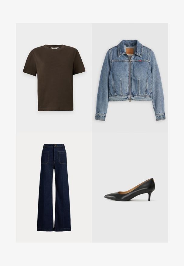 Hele sinine teksajakk lukuga, terava krae ja küljetaskutega. Omaduseks on oranž õmblus ja rinnal logo silt.; Tumepruun puuvillane T-särk ümmarguse kaelusega, lühikeste varrukatega ja lõdva lõikega. Lihtne disain, ilma nähtavate mustrite või aktsentideta.; Laiad tumed sinised teksapüksid kõrgema vöökohaga, viie tasku disainiga ja kontrastsete õmblustega. Omab nööbiga sulgemist ja struktureeritud lõiget.; Must musta musta, millel on terav nina, madal konts ja sile tekstuur. Omab pisut avatud osa ees ja minimaalset riistvara taga.