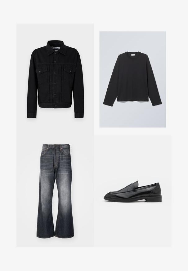 Black denim jacket with a classic collar, two chest pockets, and snap-button closure. Features a slightly textured fabric and tailored fit.; Black long-sleeve T-shirt made of soft fabric. Features a crew neckline and relaxed fit. Seam details on shoulders, minimalistic design.; Weekday TIME LOOSE BOOTCUT - Straight leg jeans - ash black; Black leather loafers with a smooth finish, featuring a rounded toe and a narrow band across the upper. Low stacked heel.