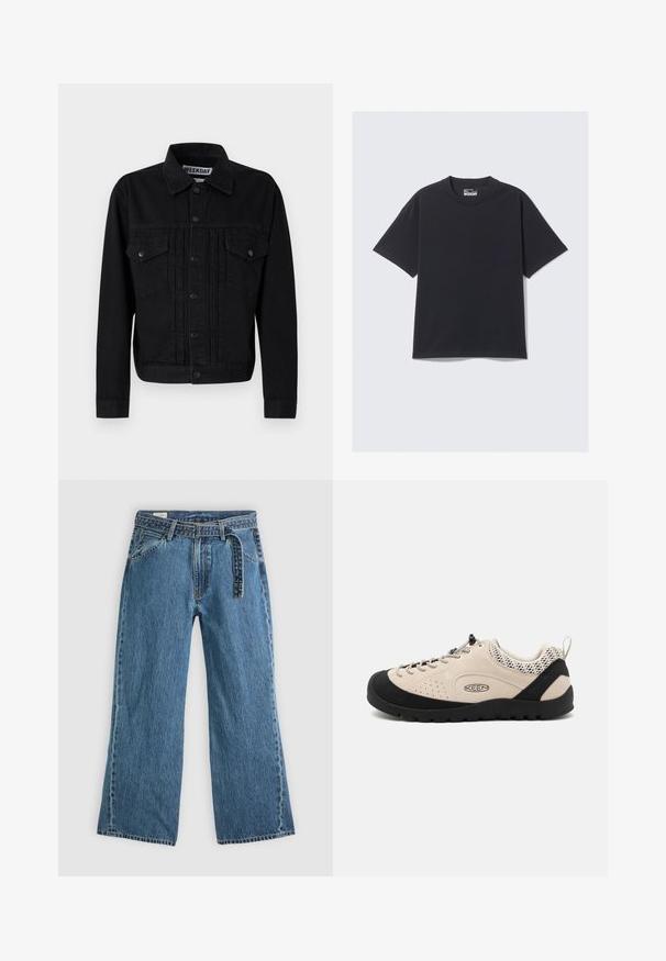 Black denim jacket with a classic collar, two chest pockets, and snap-button closure. Features a slightly textured fabric and tailored fit.; Black cotton T-shirt featuring a classic crew neck, short sleeves, and a relaxed fit. Smooth texture with minimal stitching detail.; Blue denim wide-leg jeans with attached belt, front pockets, and visible stitching on a plain light background.; Beige suede shoe with black rubber toe cap and sole, featuring a lace-up design and breathable mesh accents on the heel.