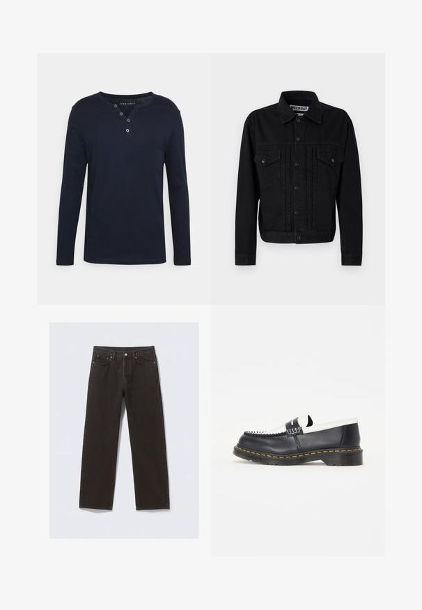 Schwarze Jeansjacke mit klassischem Kragen, zwei Brusttaschen und Druckknopfverschluss. Verfügt über einen leicht strukturierten Stoff und eine taillierte Passform.; Marineblaue Langarm-Henley-Shirts aus weichem Baumwollstoff, mit Rundhals, Drei-Knopf-Leiste und geradem Schnitt.; Schwarze Jeans aus Denim mit geradem Bein, fünf Taschen und kupferfarbenen Nähten. Glatte Textur, klassischer Knopfverschluss an der Taille.; Schwarzer Leder-slipper mit einem weißen Lederakzent. Verfügt über dekorative Nähte und eine Gummisohle mit gelber Umrandung. Runde Zehenform.