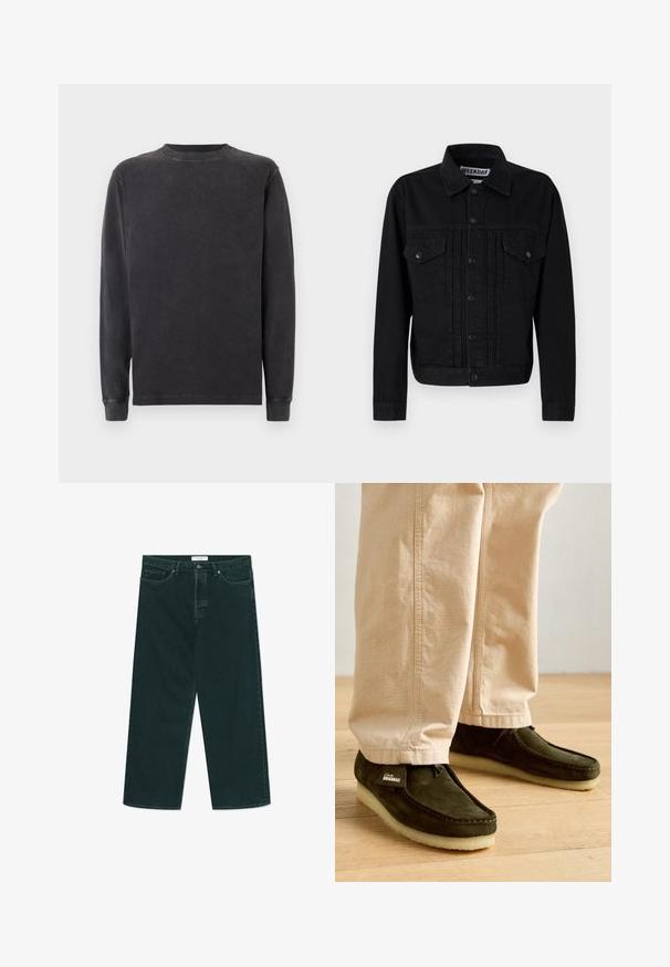 Sort denimjakke med klassisk krave, to brystlommer og trykknaplukning. Har et let struktureret stof og en skræddersyet pasform.; Langærmet crewneck sweatshirt i mørkegrå, lavet af blød bomuldsblanding. Har ribbede manchetter og halsudskæring med en glat, let struktureret overflade.; Mørkegrønne vidde denimjeans med knap- og lynlås lukning, forlommer og bæltestropper, liggende fladt på en hvid baggrund.; Grønne ruskinds mokkasiner med snøre detaljer og en cremfaret, struktureret gummisål, parret med lysebeige bukser.