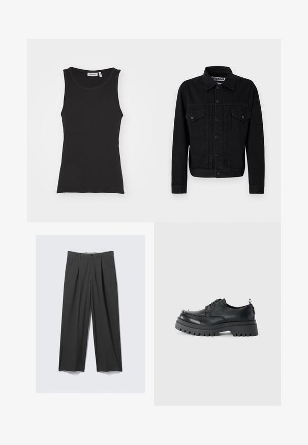 Jachetă din denim negru, cu colier clasic, două buzunare pe piept și închidere cu capse. Prezintă un material ușor texturat și o croială ajustată.; Top negru fără mâneci, din bumbac, cu guler rotund, textură ribbed și tiv drept. Eticheta spune "WEEKDAY."; Pantaloni gri cu picioare ample și pliuri. Confecționați dintr-o țesătură netedă, cu închidere frontală cu nasturi și bucle pentru curea. Design cu față plată.; Pantof cu șireturi din piele neagră, masiv, cu o talpă groasă și rezistentă și capse metalice în zona degetelor, fotografiat pe un fundal simplu, deschis la culoare.