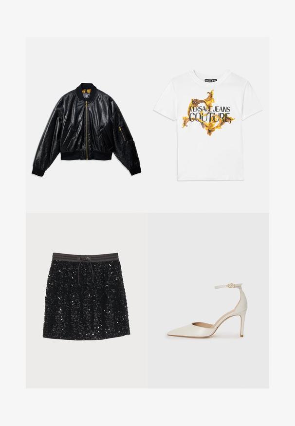 Černá lesklá bomber bunda s předním zipem, dvěma předními kapsami, žebrovanými manžetami a lemem, a malou zipovou kapsou na levém rukávu.; Bílá bavlněná tričko s zlatým a hnědým barokním vzorem, s nápisem "VERSACE JEANS COUTURE" výrazně zobrazeným černým písmem.; Černá sukně s flitry, s elastickým pasem a šňůrkou, s hladkou texturou a lesklým povrchem, odrážející světlo.; Bílé kožené lodičky na vysokém podpatku s špičatou špičkou, kotníkovým páskem a štíhlým jehlovým podpatkem. Hladká textura s mírným lesklým povrchem.