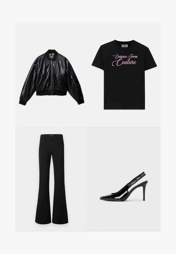Juodas blizgantis bomberio stiliaus švarkas su priekiniais užtrauktukais, dviem priekinėmis kišenėmis, raukiniais ant rankovių ir apykaklės bei maža užtraukiama kišenė kairėje rankovėje.; Juodas medvilninis marškinėliai trumpomis rankovėmis su rožiniais kristalais papuoštomis "Versace Jeans Couture" užrašais per krūtinę.; Juodos plačios kelnės, pagamintos iš lygaus audinio, su aukštu liemeniu ir dviem priekinėmis kišenėmis, papildytomis subtiliomis šoninėmis siūlėmis, suteikiančiomis papildomą detalę.; Juodas lakuotas odinis slingback aukštakulnis su smailiu pirštu, su išpjovimu ir elastinga juostele, ant kurios išspausdinta prekės ženklo pavadinimas.