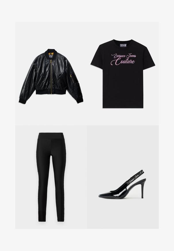 Černá lesklá bomber bunda s předním zipem, dvěma předními kapsami, žebrovanými manžetami a lemem, a malou zipovou kapsou na levém rukávu.; Černé bavlněné tričko s krátkým rukávem, zdobené růžovými kamínky s nápisem "Versace Jeans Couture" na hrudi.; Černé legíny s hladkým a elastickým materiálem, vysokým pasem a přiléhavým střihem. Neobsahují žádné viditelné vzory ani detaily.; Černé lakované lodičky s otevřenou patou a špičatou špičkou, s výřezem a elastickým páskem s embosovaným názvem značky.