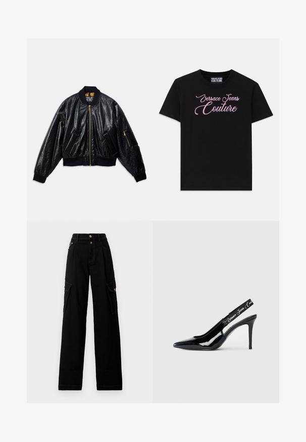 Črni sijoč bomberski jakna z sprednjim zadrgo, dvema sprednjima žepoma, ribastimi manšeti in robom ter majhnim žepom z zadrgo na levem rokavu.; Črna bombažna majica s kratkimi rokavi, ki ima na prsih okrašeno besedilo "Versace Jeans Couture" s roza kamni.; Črne široke cargo hlače z zapiranjem na gumb, zankami za pas, stranskimi žepi z zavihkom in kontrastnim belim šivanjem, razporejene na beli ozadju.; Črne lakaste slingback pete s koničastim nosom, ki vsebujejo izrezan del in elastičen trak z utisnjenim imenom blagovne znamke.