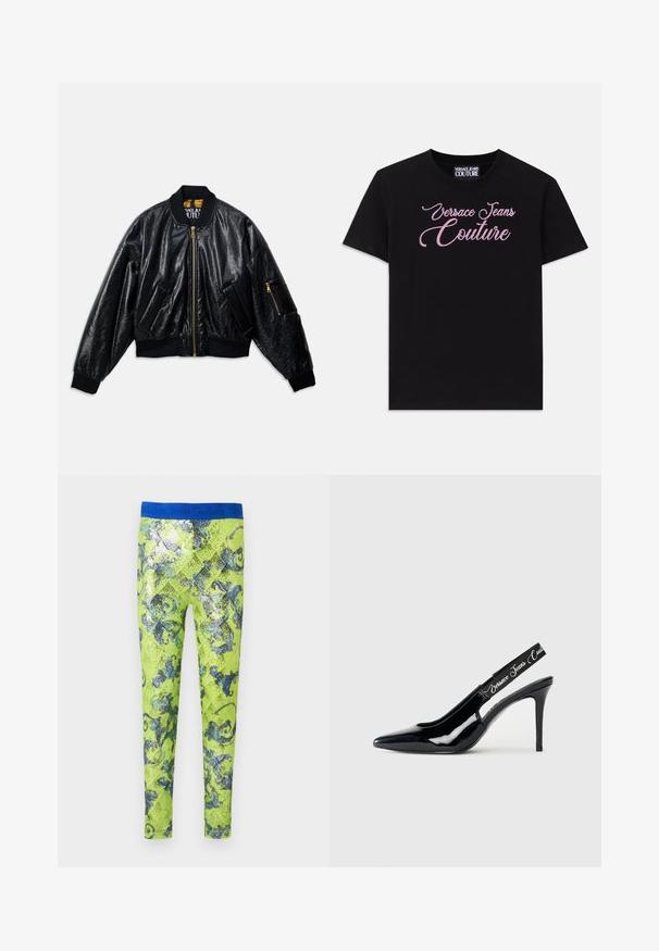Juodas blizgantis bomberio stiliaus švarkas su priekiniais užtrauktukais, dviem priekinėmis kišenėmis, raukiniais ant rankovių ir apykaklės bei maža užtraukiama kišenė kairėje rankovėje.; Juodas medvilninis marškinėliai trumpomis rankovėmis su rožiniais kristalais papuoštomis "Versace Jeans Couture" užrašais per krūtinę.; Neon geltonos legginsai su blizgiu, blizgančiu paviršiumi. Yra mėlynas juosmuo ir puošnūs mėlyni gėlių raštai ant audinio.; Juodas lakuotas odinis slingback aukštakulnis su smailiu pirštu, su išpjovimu ir elastinga juostele, ant kurios išspausdinta prekės ženklo pavadinimas.