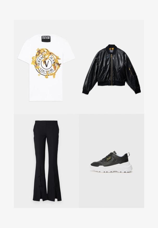 Črni sijoč bomberski jakna z sprednjim zadrgo, dvema sprednjima žepoma, ribastimi manšeti in robom ter majhnim žepom z zadrgo na levem rokavu.; Bela bombažna majica z okroglo grafiko, ki vključuje črne in zlate motive, vključno s krožnim logotipom in dekorativnimi elementi.; Črne široke hlače iz gladkega materiala, s kickoffi na robovih, zavezani z loki za dodaten detajl.; Črne usnjene športne čeveljce z belim gumijastim podplatom, ki imajo oblazinjen zgornji del, vezalni sprednji del in zlato logotipno podrobnost na strani.