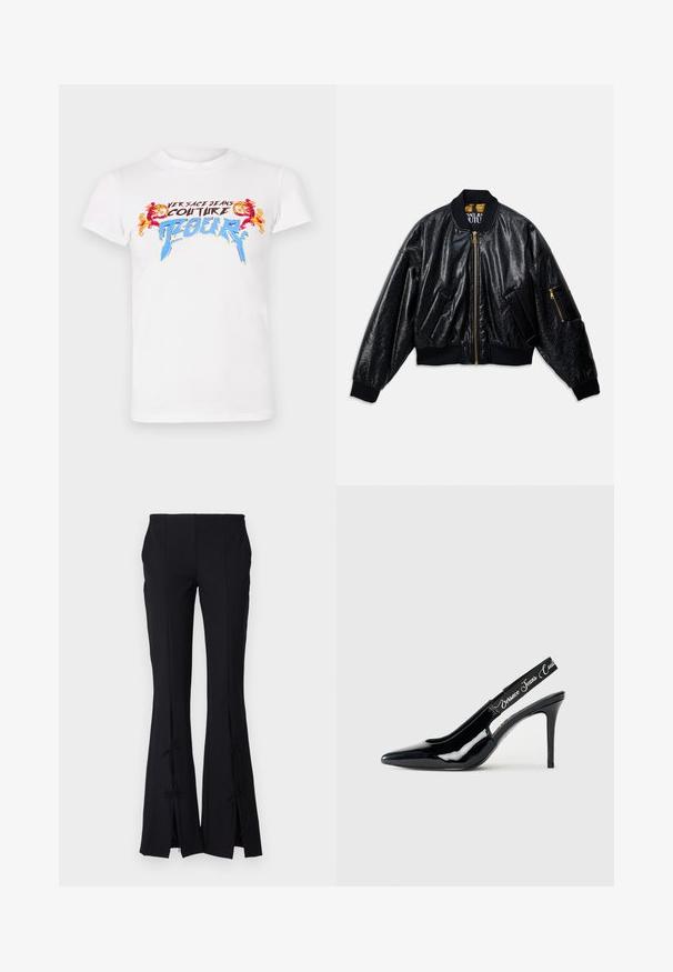 Juodas blizgantis bomberio stiliaus švarkas su priekiniais užtrauktukais, dviem priekinėmis kišenėmis, raukiniais ant rankovių ir apykaklės bei maža užtraukiama kišenė kairėje rankovėje.; Baltos medvilnės marškinėliai su daugiaspalviu grafiniu spaudiniu, kuriame matomas užrašas "VERSACE JEANS COUTURE" ir išraiškingi raudoni bei mėlyni akcentai.; Juodi plačiai floruoti kelnių, pagaminti iš lygaus audinio, su plyšiais apatinėje dalyje, surišamais kaspinais, kad pridėtų papildomą detalę.; Juodas lakuotas odinis slingback aukštakulnis su smailiu pirštu, su išpjovimu ir elastinga juostele, ant kurios išspausdinta prekės ženklo pavadinimas.