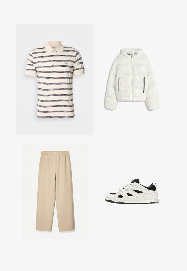 Biała kurtka puchowa z zamkiem z przodu, kapturem i dwoma bocznymi kieszeniami na zamek. Błyszcząca, pikowana powierzchnia z krótkim krojem i dużymi rękawami.; Polo w paski w kolorze kremowym z poziomymi paskami w kolorze granatowym. Posiada złożony kołnierzyk, dwa guziki oraz małe logo marki na klatce piersiowej.; Beżowe spodnie szerokie z elastycznym paskiem, wykonane z miękkiego materiału, o gładkiej fakturze i minimalnych detalach szwów.; Białe i czarne buty sportowe z teksturowaną podeszwą, z wyciętymi wzorami po bokach oraz sznurowadłami, a także wyściełanym tyłem dla wsparcia.