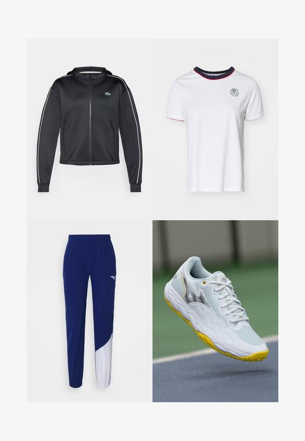 Lacoste Sport TENNIS JACKET - Treniņjaka - black/flour; Balts kokvilnas T-krekls ar apaļu jūras zils apkakli, ar sarkaniem akcentiem un drukātu Lacoste Tennis Club logotipu uz krūšu. Īsas piedurknes, standarta piegriezums.; Mizuno MUGEN PANT - Treniņtērpa apakšdaļas - estate blue/white; Balti sporta apavi ar strukturētu acs augšdaļu, dzelteniem akcentiem uz zoles un plūstošu dizainu ar melnu logotipa detaļu.
