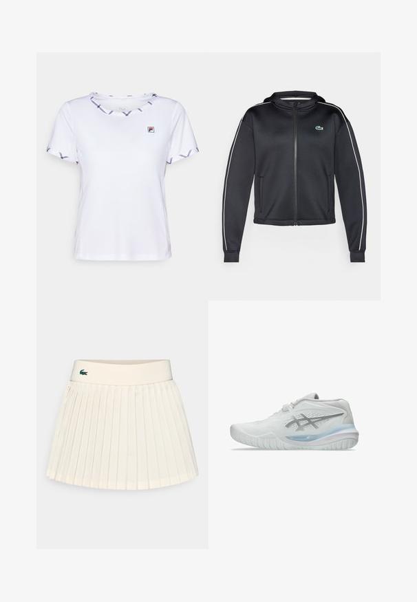 Lacoste Sport TENNIS JACKET - Chaqueta de entrenamiento - black/flour; Camiseta blanca de manga corta con cuello redondo, ribete a rayas en las mangas y un pequeño logo de FILA en el pecho.; Falda plisada hasta la rodilla en tejido crema, con una cinturilla acanalada y un pequeño logo verde como acento. Textura suave y diseño estructurado.; Zapatillas deportivas blancas con un upper texturizado, que presentan una suela azul translúcida y un sutil branding gris en el lateral. Punta redondeada y perfil bajo.