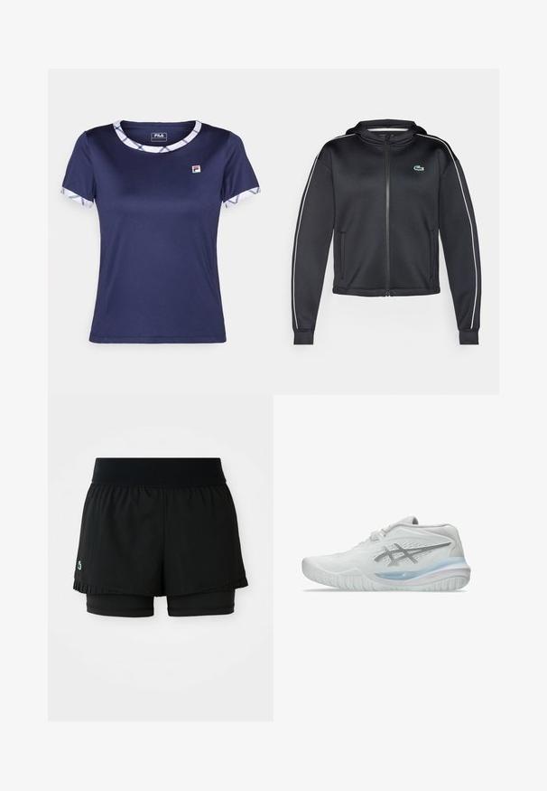 Lacoste Sport TENNIS JACKET - Spordijakk - black/flour; Tumedat sinine T-särk ümmarguse kaeluse ja mustriga äärega kaela- ja varrukatel, valmistatud siledast ja venivast materjalist. Fila logo on kohal.; Mustad mustrid lühikesed püksid, millel on volditud välimine kiht ja sisemine sobiv kiht. Omab soonilist vööd, mis tagab mugavuse ja paindlikkuse.; Valged spordijalatsid tekstureeritud ülemise osaga, millel on läbipaistev sinine tald ja diskreetne hall bränding küljel. Ümar varvas ja madal profiil.