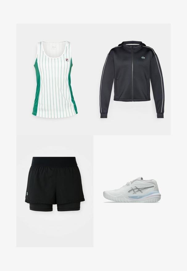 Lacoste Sport TENNIS JACKET - Treniņjaka - black/flour; Balta gangsteru torte ar zaļām sānu paneļiem un vertikālām zaļām svītrām. Izgatavota no gludas auduma, ar mazu logotipu krūtīs. Apaļa izgriezuma forma.; Melnas sporta shorti ar plisētu ārējo slāni un iekšējiem pieguļošiem šortiem. Iekļautas ribota jostasvieta ērtībai un elastībai.; Baltas sporta apavi ar teksturētu virsu, ar caurspīdīgu zilu zoli un diskretu pelēku zīmolu uz sāniem. Apaļš purngals un zems profils.