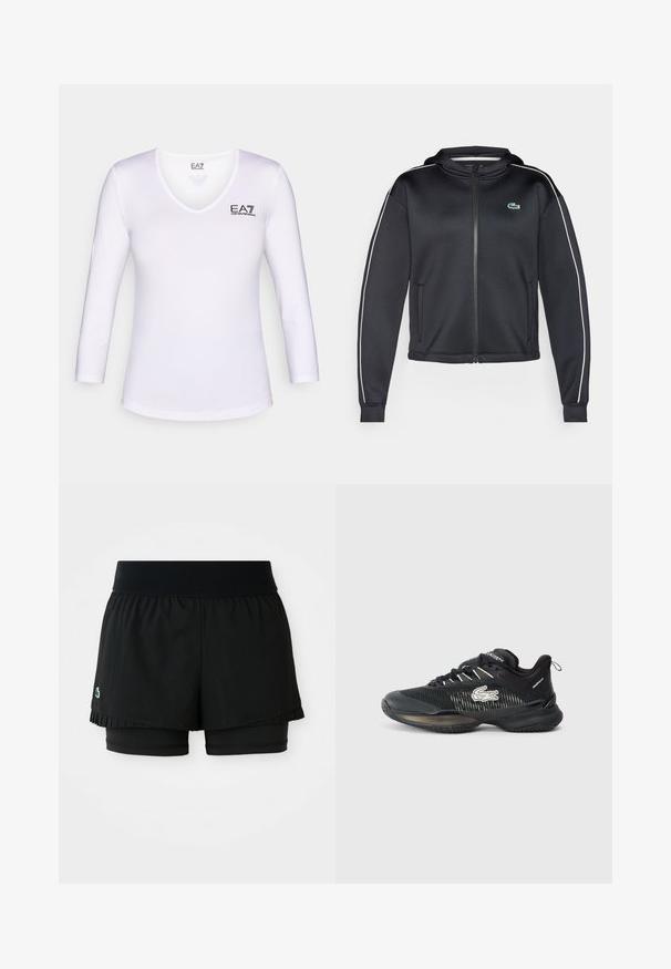 Lacoste Sport TENNIS JACKET - Treningsjakke - black/flour; Hvit langermet topp med V-hals. Har EA7-logo i svart på venstre side. Glatt, lett stoff med en tettsittende fasong.; Sorte idrettsshorts med en plisserte ytterlag og innvendige tettsittende shorts. Har en ribbet midjebånd for komfort og fleksibilitet.; Sorte Lacoste atletiske sneakers med mesh-overdel, hvit logo, polstret såle og snøring, vist i venstre sideprofil på hvit bakgrunn.