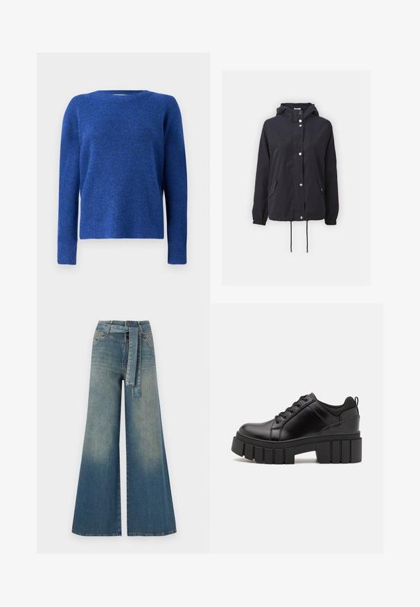 Laivastonsininen huppari, joka on valmistettu kevyestä kankaasta. Siinä on hopeiset napit, kaksi etutaskua ja säädettävät nyörit helmassa.; Sininen neulepaita, jossa on pyöreä kaula-aukko, pitkät hihat ja pehmeä rakenne. Omistaa hieman väljä istuvuus ja ribbikuvioidut hihansuut.; Yksiväriset farkut leveällä lahkeella, joissa on vaaleasta tummansiniseen häipyvä väri, korkea vyötärö, vyölenkit ja yhteensopiva kangasvyö. Rakennefarkkujen pinta.; Mustat nahkakengät, joissa on lättihenkinen korko, pyöreä kärki ja perinteinen nauhakiinnitys. Ominaisuuksiin kuuluu sileä pintakuvio ja minimaalinen yksityiskohtaisuus.