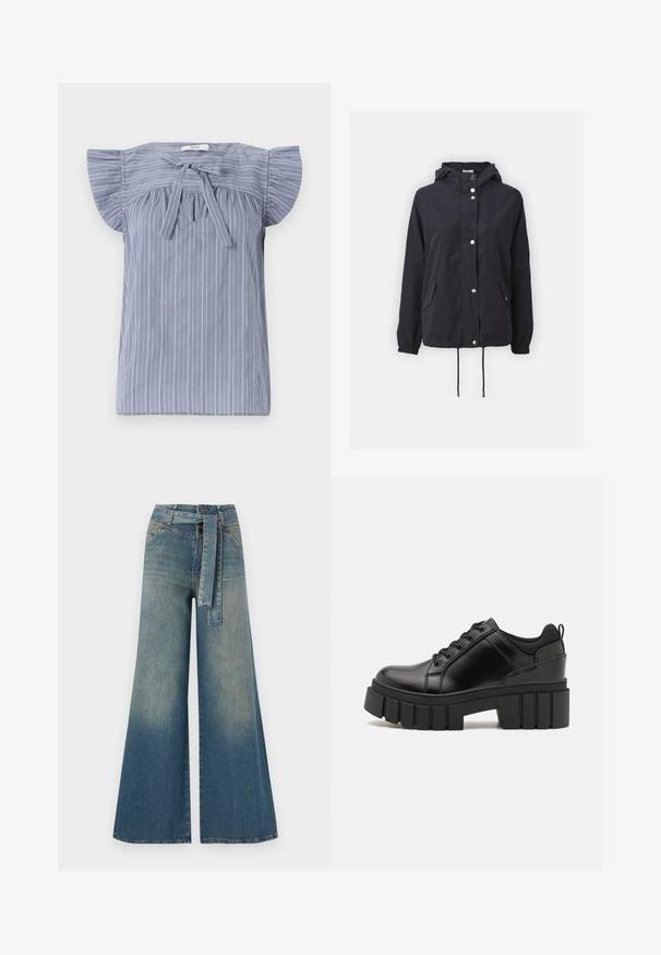 Mørkeblå hettejakke laget av lett stoff, med sølvfargede trykknapper, to frontlommer og justerbare snorer i kanten.; Lyseblå stripete bluse med korte ermer, designet med en knytning i halsen, som har et strukturert stoff og en avslappet passform.; Bredde ben jeans med en lyseblå til mørkeblå gradient, høyt liv, beltehemper og et matchende belte i samme stoff. Teksturert denimoverflate.; Svarte lærplattformsko med kraftig blokkhell, rund tå og tradisjonell snøring. Har en jevn tekstur og minimal detaljering.