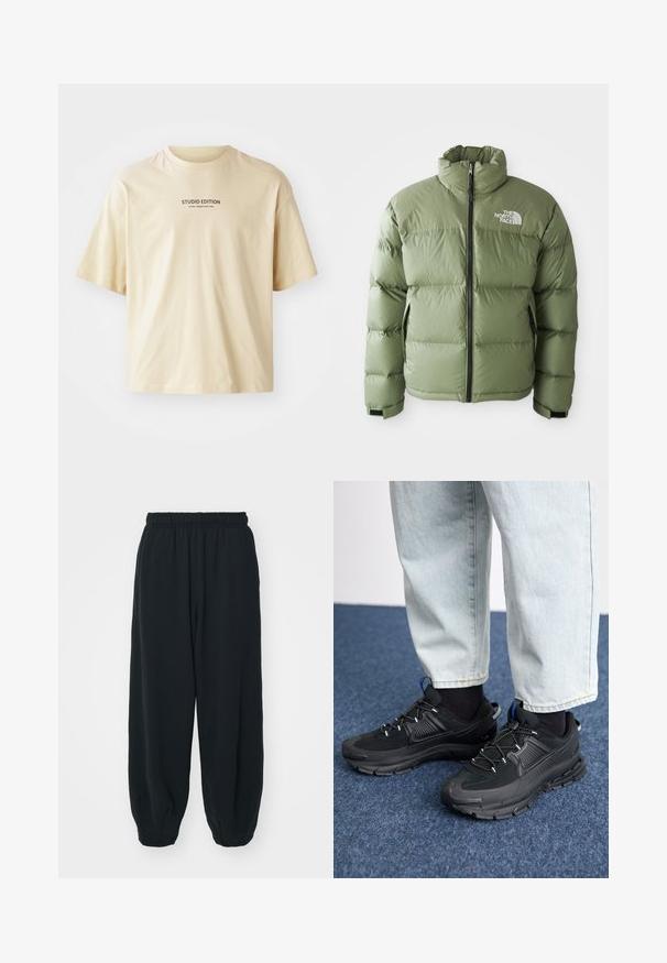 Zielona ocieplana kurtka puchowa z wysokim kołnierzem, przednim zamkiem błyskawicznym, bocznymi kieszeniami i białym logo The North Face na piersi.; Beżowa bawełniana koszulka z okrągłym dekoltem, krótkimi rękawami i napisem "STUDIO EDITION" w czarnym druku na piersi.; Czarne dresy z elastycznym pasem, luźny krój, ściśnięte nogawki, gładka tekstura, bez widocznych wzorów lub ozdób.; Czarne buty sportowe z teksturowanej tkaniny i gumowymi podeszwami, z elastycznymi sznurówkami i niebieskim akcentem na pięcie. Noszone z jasnymi dżinsami.