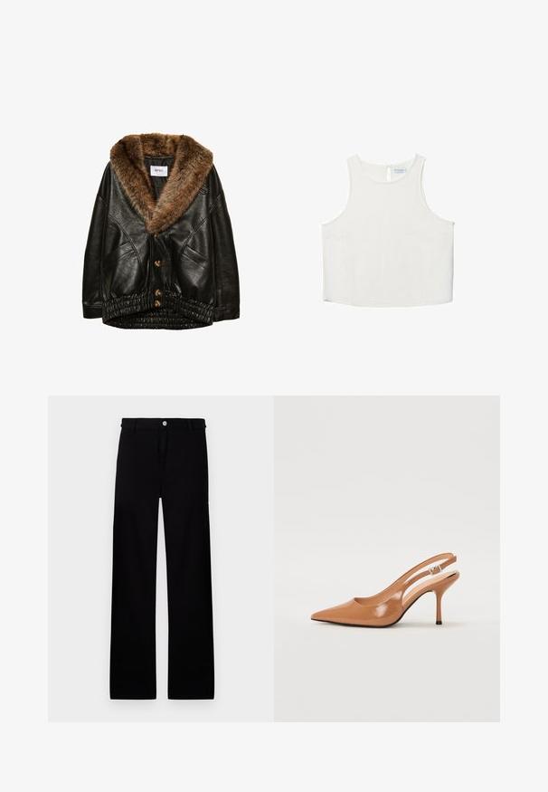 Čierna kožená bunda s hnedým umelým kožuchom na golieri, zapínanie na gombíky a s elastickým zberaným spodkom. Štruktúrovaný povrch a bočné vrecká.; Biele bezrukávové tričko s okrúhlym výstrihom, ktoré má jemnú textúru, detail s kľúčovou dierkou na chrbte a rovný lem.; Čierne bavlnené nohavice s rovnou nohavicou, so zapínaním na prednom gombíku a bez viditeľných vzorov alebo akcentov.; Sandal s úzkym podpätkom a špicatou špičkou v hladkej lesklej hnedej materiáli. Obsahuje zakrivený výrez a štíhly ihlový podpätok. Strieborný prackový detail.