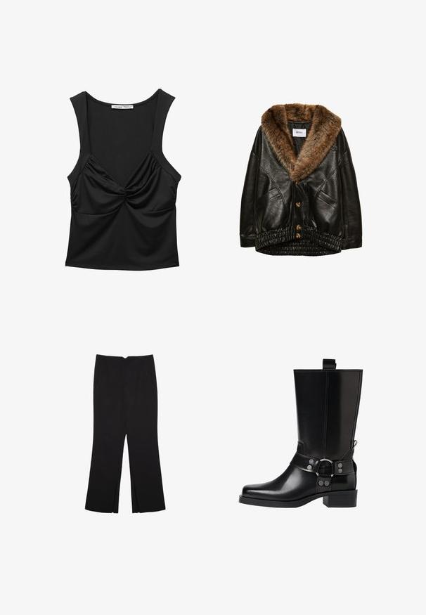 Musta nahkatakki, jossa on ruskea tekoturkis kaulus, napitettava edustus ja kootut elastiset helmavarat. Teksturoitu pinta ja sivutaskut.; Musta hihaton toppi, joka on valmistettu sileästä kankaasta ja jossa on kierretty solmukohta edessä sekä rento istuvuus. Pyöreä kaula-aukko ja leveät hihnat.; Mustat housut suoralinjaisella leikkauksella, joissa on etutaskut ja sivurei'ät helman alla. Valmistettu pehmeästä ja sileästä kankaasta. Sopii eri tilaisuuksiin.; Musta nahkasaapas polven yläpuolelle, jossa on terävä kärki, hopeiset solkiyksityiskohdat ja paksu korko. Varustettu vetotapilla helppoa pukemista varten.
