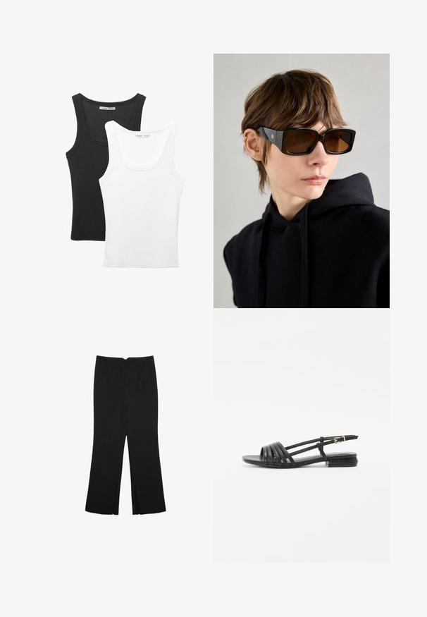 Musta nahkatakki, jossa on ruskea tekoturkis kaulus, napitettava edustus ja kootut elastiset helmavarat. Teksturoitu pinta ja sivutaskut.; Kaksi topia esillä, yksi musta ja yksi valkoinen. Molemmissa on uritettu pinta ja leveät hihnat, joissa on pyöreä kaula-aukko.; Mustat housut suoralinjaisella leikkauksella, joissa on etutaskut ja sivurei'ät helman alla. Valmistettu pehmeästä ja sileästä kankaasta. Sopii eri tilaisuuksiin.; Musta litteä sandaalit, joissa on hihnattu muotoilu, sisältäen useita nahkahihnoja ja kapean nilkkasoljen. Pohja on litteä ja suorakulmainen.; Mustat ylipitkät aurinkolasit kiiltävällä pinnalla, suorakulmainen muoto, ruskeat sävytetyt linssit ja kultainen logo yksityiskohta temppeleissä.