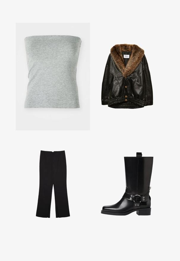 Sort læderjakke med en brun kunstpelskrave, knaplukning foran og en samlet elastisk kant. Struktureret finish med sidelommer.; Grå, stropløs top lavet af blød, strækbar stof. Har et enkelt design med en glat tekstur og ingen synlige sømme.; Sorte bukser med lige pasform, der har frontlommer og slidser i kanten. Lavet af blødt, glat stof. Velegnet til forskellige anledninger.; Sort læderknæhøj støvle med spids tå, sølv spænde detaljer og en robust hæl. Har en trækflap for nem påtagning.