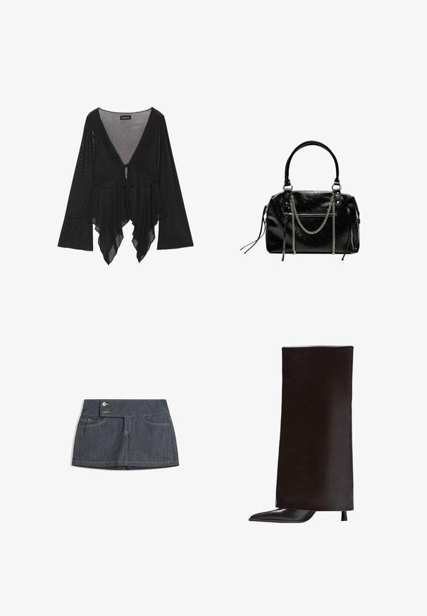 Schwarze Lederjacke mit braunem Kunstfellkragen, Knopfverschluss vorne und elastischem Gathered-Saum. Strukturierte Oberfläche mit seitlichen Taschen.; Schwarze durchsichtige Bluse mit langen Glockenärmeln, tiefem V-Ausschnitt und vorderem Bindedetail. Sie hat einen fließenden, geschichteten Saum mit subtiler Textur.; Dunkelblauer Denim-Rock mit hohem Bund, ausgestattet mit zwei Vordertaschen, einem Knopfverschluss und kontrastierendem Nähen entlang der Kanten.; Schwarze knöchelhohe Stiefel aus glattem Leder, mit einer spitzen Zehenpartie und einem schmalen Absatz. Minimalistisches Design mit einer schlanken, strukturierten Silhouette.; Bershka WITH CHAIN - Handtasche - black