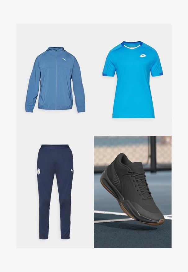 Niebieska lekka kurtka z kapturem, z zamkiem błyskawicznym z przodu i długimi rękawami; posiada kontrastowe białe logo na lewej piersi. Gładka struktura.; Koszulka sportowa z krótkim rękawem wykonana z niebieskiego materiału z siateczkowymi akcentami. Posiada dekolt w serek, białe wykończenia i małe białe logo na klatce piersiowej.; Granatowe spodnie sportowe wykonane z oddychającego materiału, z dopasowanym krojem, elastycznym paskiem w talii i białymi detalami z logo na udzie.; Czarny but sportowy z gładką syntetyczną cholewką, z teksturowanymi akcentami oraz z gumową podeszwą, zaprojektowany z myślą o wydajności i komforcie.