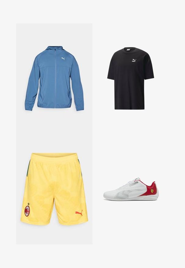 Modrá lehká bunda s kapucí, předním zipem a dlouhými rukávy; má kontrastní bílé logo na levém prsu. Hladká textura.; Černé bavlněné tričko s krátkými rukávy, kulatým výstřihem a bílým logem Puma na hrudi. Jednoduchý a nezdobený design.; Žluté sportovní šortky s texturovaným vzorem, s červeným logem Puma a erbem AC Milan se hvězdným detailem na levé noze.; Bílé sportovní boty s hladkým povrchem, červenými akcenty, perforovanými detaily a stříbrným akcentem blízko tkaniček; na patě mají logo Ferrari.