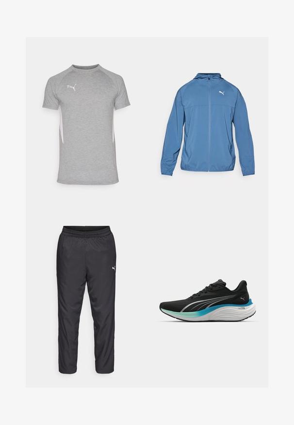 Zila viegla jakas ar kapuci, priekšējo rāvējslēdzēju un garām piedurknēm; satur kontrastējošu baltu logo uz kreisā krūts. Gluda tekstūra.; Pelēks sporta T-krekls ar īsām piedurknēm, ar apaļu kakla izgriezumu un baltām sānu paneļiem. Logo augšējā kreisajā krūtī.; Melnas sporta bikses, kas izgatavotas no gluda, viegla materiāla. Iespējas ietver elastīgu jostu un mazu baltu logotipu kreisajā pusē.; Melna sporta kurpe ar elpojošu augšdaļu, sudraba akcentiem un mīkstinātu starpzoli, kurai ir zilo-zaļš gradienta dizains.