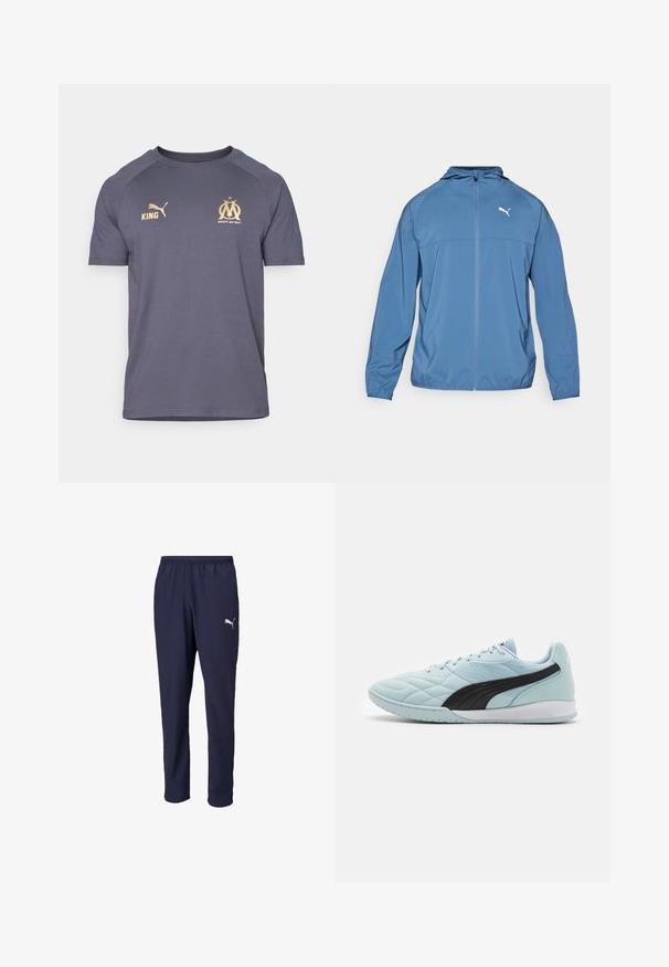 Blauwe lichtgewicht jas met capuchon, voorrits en lange mouwen; heeft een contrasterend wit logo op de linkerborst. Soepele textuur.; Marseille voetbalshirt in donkergrijze stof. Bevat gouden versieringen: "KING," Puma-logo en het teamembleem. Korte mouwen, ronde halsontwerp.; Marine sportbroeken gemaakt van lichtgewicht materiaal. Voorzien van een elastische tailleband en een wit logo op het onderste deel van het linkerpijp. Gladde textuur.; Lichtblauwe sportieve schoen met een gestructureerde bovenkant, zwarte accenten en een gladde witte rubberen zool. Geknoopt ontwerp met een gevoerde kraag.