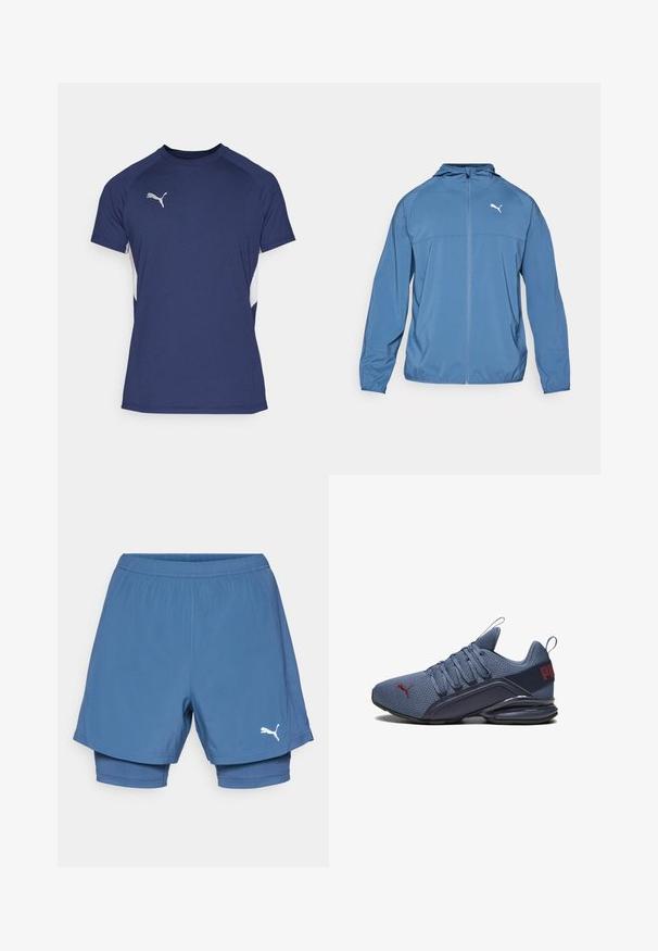 Leichte blaue Jacke mit Kapuze, Frontreißverschluss und langen Ärmeln; verfügt über ein kontrastierendes weißes Logo auf der linken Brust. Glatte Oberfläche.; Navyblaues Sport-T-Shirt mit kurzen Ärmeln. Mit weißen seitlichen Einsätzen und einem silbernen Puma-Logo auf der Brust. Hergestellt aus einem glatten Stoff.; Puma blaue Sportshorts mit einem geschichteten Design, elastischem Bund, glatter Textur und einem weißen Logo am unteren Bein.; Blauer Sportschuh mit einem Obermaterial aus Mesh, ausgestattet mit einer soliden Gummisohle, auffälligen Logo-Details und Schnürverschluss für eine enge Passform.