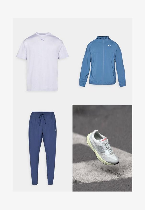 Blå letvægtsjakke med hætte, frontlynlås og lange ærmer; har et kontrastfarvet hvidt logo på venstre bryst. Glat tekstur.; Hvid kortærmet T-shirt lavet af blødt stof med rund hals, prydet med et lyseblåt Puma-logo på brystet.; Marineblå sportsbukser med elastisk talje, snøre og tapered manchetter. Har sidelommer og et lille logo på det ene ben.; Letvægts løbesko med en hvid mesh-overdel, gul mellemsål og grå accenter. Har et fremtrædende ‘N’ logo og tekstureret overflade.