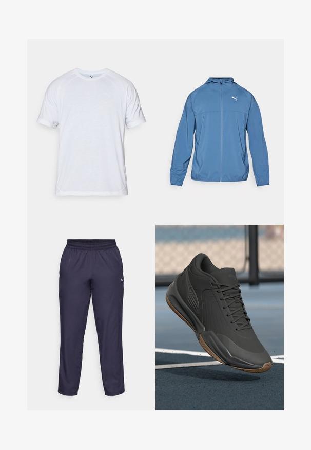 Jacket leveiro azul com capuz, fecho frontal e mangas longas; apresenta um logótipo branco em contraste no lado esquerdo do peito. Textura suave.; T-shirt branca de manga curta com mangas raglan, decote redondo, textura subtil e um pequeno logótipo no lado esquerdo do peito.; Calças de atletismo de cor navy feitas de tecido leve, apresentando um cós elástico e um pequeno logótipo branco no lado esquerdo. Textura suave.; Sapatilha atlética preta com um superior sintético liso, detalhes texturizados e sola de borracha natural, projetada para desempenho e conforto.