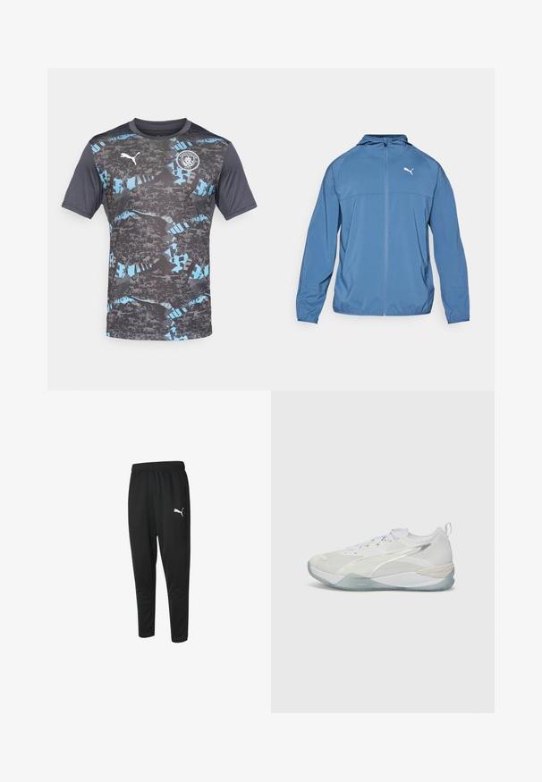 Niebieska lekka kurtka z kapturem, z zamkiem błyskawicznym z przodu i długimi rękawami; posiada kontrastowe białe logo na lewej piersi. Gładka struktura.; Koszulka z krótkim rękawem w kolorze szarym z czarnymi i niebieskimi abstrakcyjnymi wzorami, z logo Pumy i herbem Manchester City na piersi.; Czarne spodenki sportowe wykonane z gładkiego materiału, z elastycznym paskiem w talii, zwężającymi się nogawkami i małym białym logo Puma po lewej stronie.; Białe sportowe buty z siatkową cholewką, teksturowanymi nakładkami i przezroczystą podeszwą. Posiadają sznurowaną konstrukcję oraz uchwyt z tyłu, ułatwiający zakładanie.