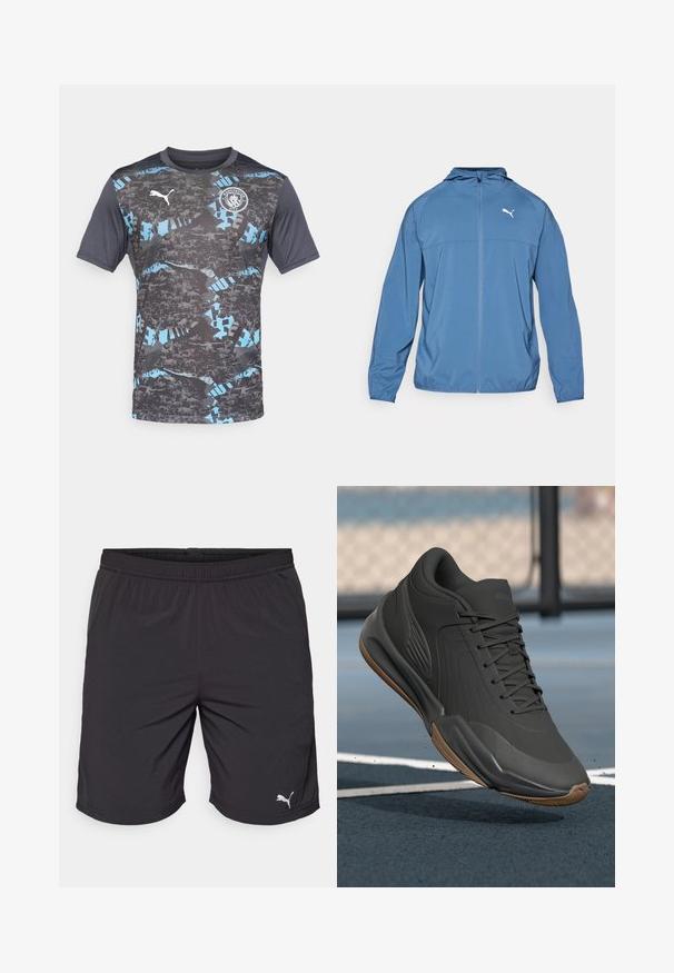 Modrá lehká bunda s kapucí, předním zipem a dlouhými rukávy; má kontrastní bílé logo na levém prsu. Hladká textura.; Tričko s krátkým rukávem v šedé barvě s černými a modrými abstraktními vzory, se znakem Puma a emblémem Manchester City na hrudi.; Černé sportovní šortky vyrobené z lehké tkaniny s elastickým pasem. Obsahují malé bílé logo Puma v dolním levém rohu.; Černá sportovní obuv s hladkým syntetickým svrškem, texturovanými akcenty a gumovou podrážkou, navržená pro výkon a pohodlí.