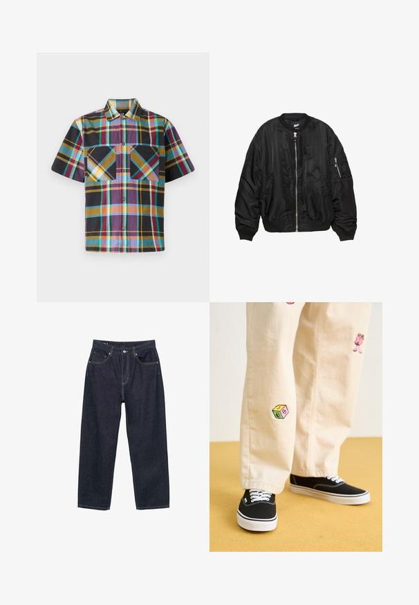 Czarna satynowa kurtka bombowca z przednim zamkiem, ściągaczem przy kołnierzu, mankietach i u dołu, dwoma kieszeniami bocznymi oraz kieszenią na rękawie zapinaną na zamek.; Ciemnozielona bluza z kapturem wykonana z mieszanki bawełny, z dużym logo "G.A.P." w białym i granatowym kolorze, przednią kieszenią kangurkową oraz sznurkiem do regulacji kaptura.; Koszula w kratę z krótkim rękawem w kolorach fioletowym, czarnym, żółtym i turkusowym, z dwoma kieszeniami na piersi oraz zapięciem na guziki.; Granatowe dżinsy o luźnym kroju, z pięcioma kieszeniami, kontrastującym żółtym przeszyciem i zapięciem na guzik z przodu.; Beżowe bawełniane spodnie z zabawnymi haftowanymi wzorami, w tym różową postacią i kolorowym blokiem, w połączeniu z czarnymi sznurowanymi sneakersami.